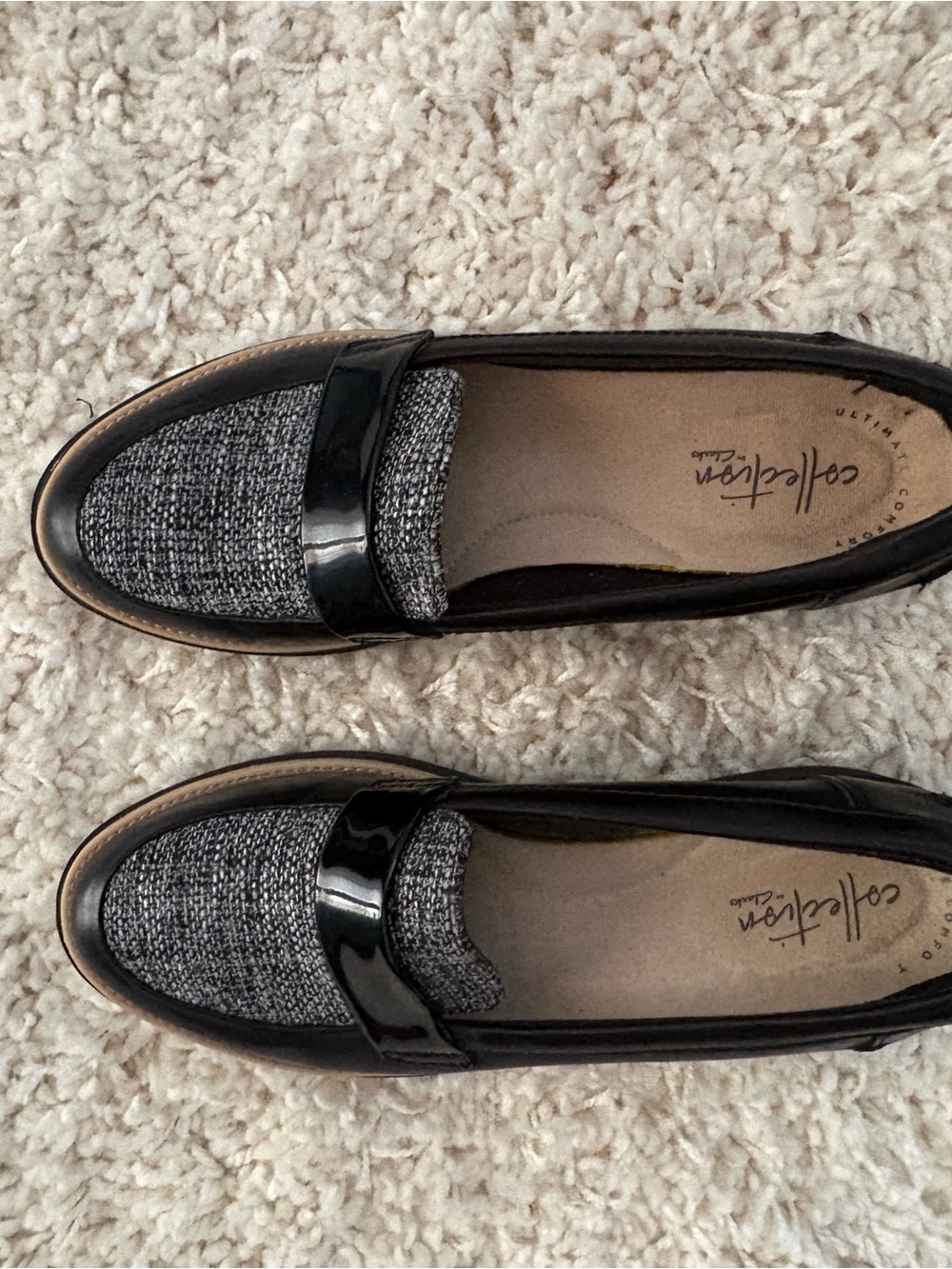Clarks Black Patent and Gray Tweed Women’s Loafers